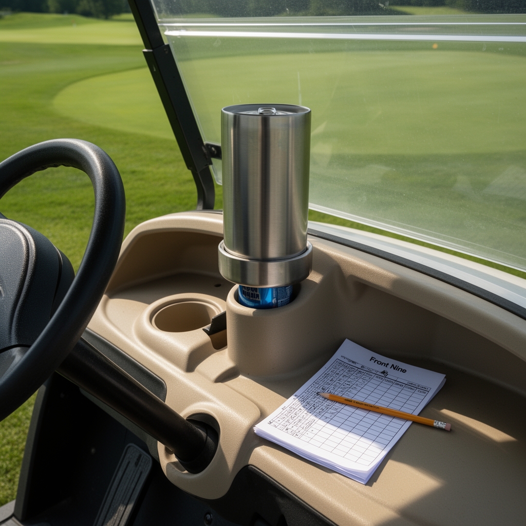 A 30-ounce tumbler balanced on top of a golf cart's can-sized dash cup holder, resting high and ungripped.