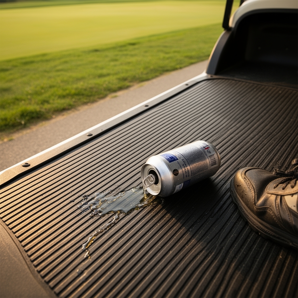 A drink can on its side on a golf cart floorboard, a wet trail across the rubber mat.