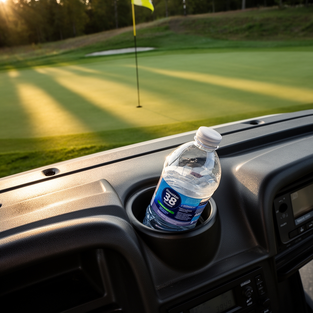 A golf cart parked on a sidehill, a bottle leaning hard in the shallow dash cup holder.