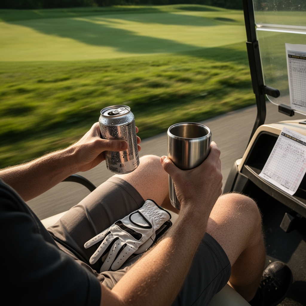 A golf cart passenger holding two drinks in their hands while riding.