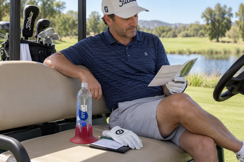 Adult golfer resting in a parked golf cart between holes with uncapped clear sports-water bottle in Steadi on wide flat stationary cart bench beside golfer, full base supported. AI illustration.